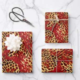 Safari Animal Fur Prints Patterns Red and Gold Wrapping Paper Sheet