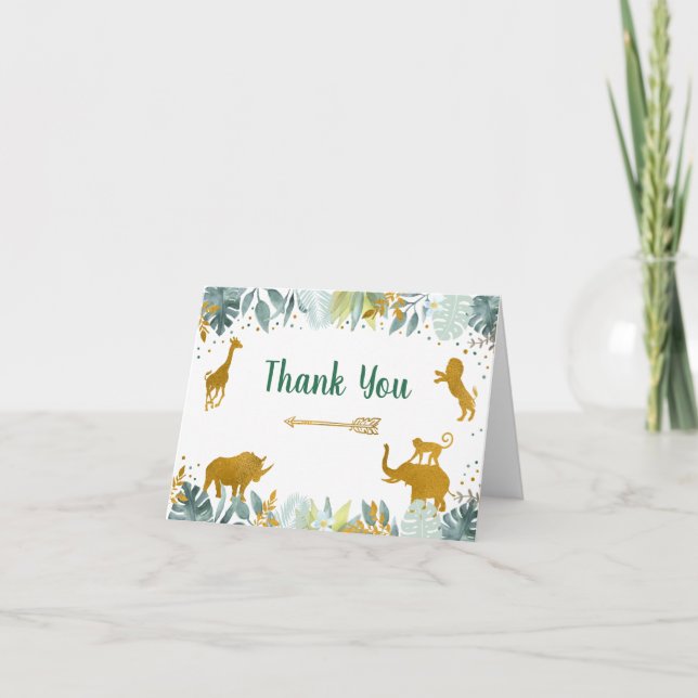 Safari Animal Greenery Gold Birthday Thank You Card (Front)
