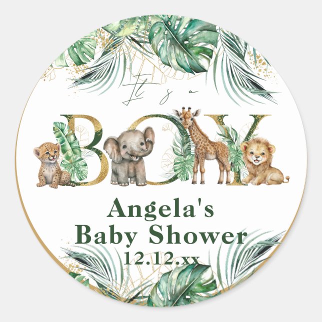 Safari Animal Jungle Green & Gold boy Baby Shower Classic Round Sticker (Front)