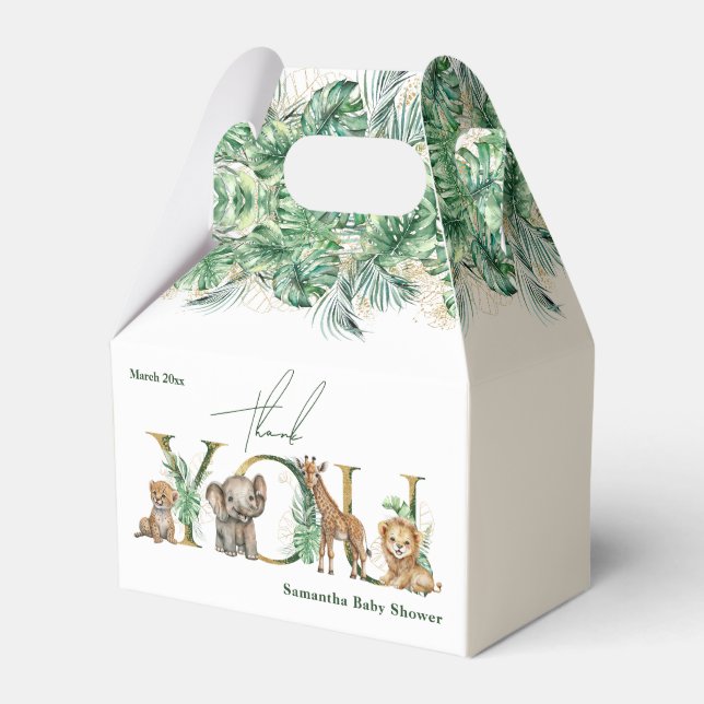 Safari Animal Jungle Green & Gold boy Baby Shower Favour Box (Front Side)