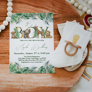 Safari Animal Jungle Green & Gold boy Baby Shower Invitation