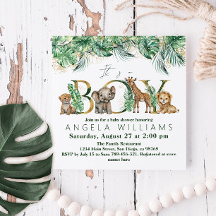 Safari Animal Jungle Green & Gold boy Baby Shower Invitation