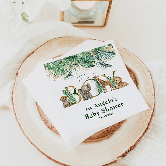 Safari Animal Jungle Green & Gold boy Baby Shower Napkin (Creator Uploaded)