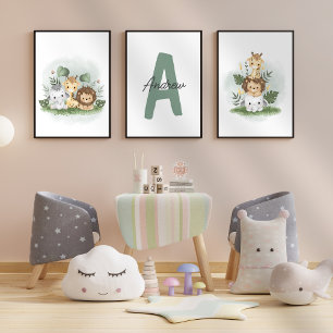 Safari Animal Nursery Watercolor Initial Name Kids