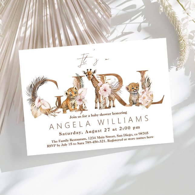 Safari Animal Tropical Floral Girl Baby Shower Invitation (Creator Uploaded)