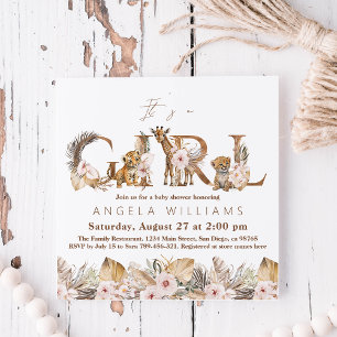 Safari Animal Tropical Floral Girl Baby Shower Invitation
