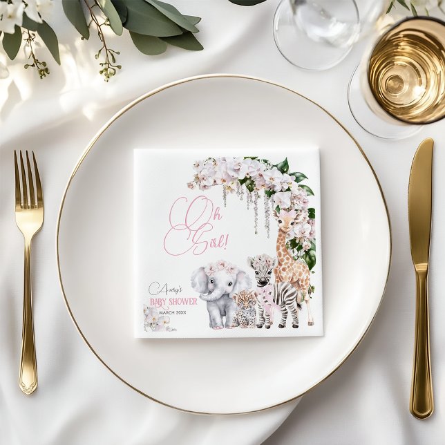 Safari Animal Tropical Flower Pink Baby Shower Napkin (Creator Uploaded)