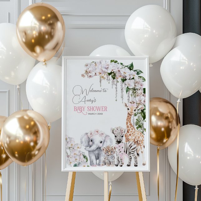 Safari Animal Tropical Flower Pink Baby Shower Poster (Creator Uploaded)