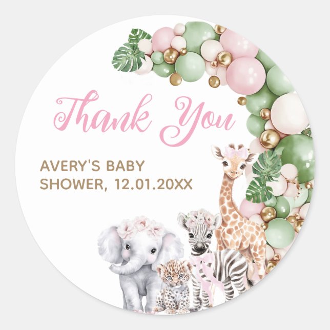 Safari Animal Tropical Green Pink Baby Girl Shower Classic Round Sticker (Front)