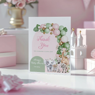 Safari Animal Tropical Green Pink Baby Girl Shower Thank You Card
