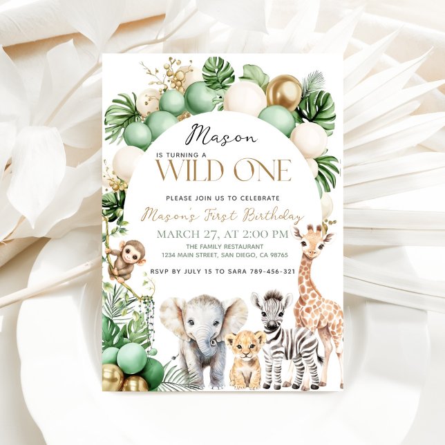 Safari Animal Tropical Green Wild One Birthday Invitation (Creator Uploaded)