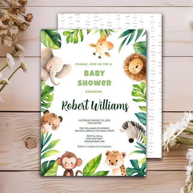 Safari animal watercolor baby shower invitation (African safari-themed baby shower invitation! Featuring charming jungle animals 🌿🦒✨)
