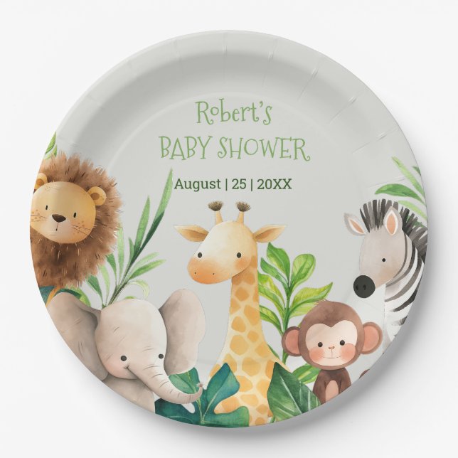 Safari animal watercolor baby shower invitation paper plate (Front)