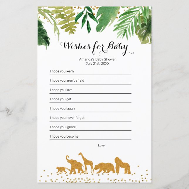 Safari animal Watercolor Wishes for Baby Game (Front)