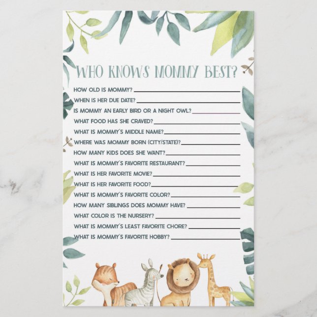 Safari Animal Who Knows Mummy Baby Shower Game Stationery (Front)