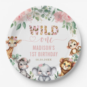 Safari Animal Wild One Blush Floral 1st Birthday Paper Plate