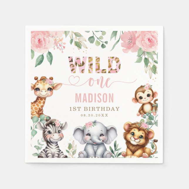 Safari Animal Wild One Blush Pink Floral Birthday Napkin (Front)