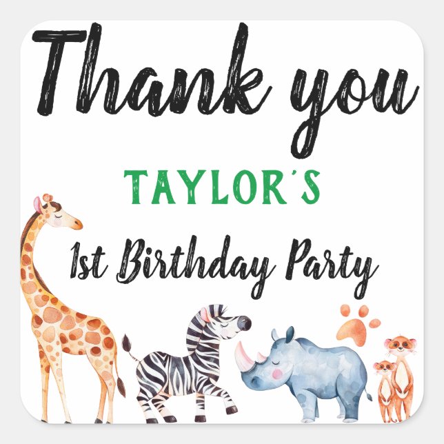 Safari Animal Wild Things Birthday Thank You Square Sticker (Front)