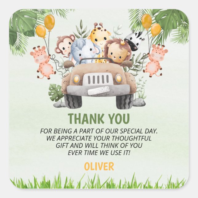 Safari Animal Zoo Birthday 4th Thank You   Square Sticker (Front)