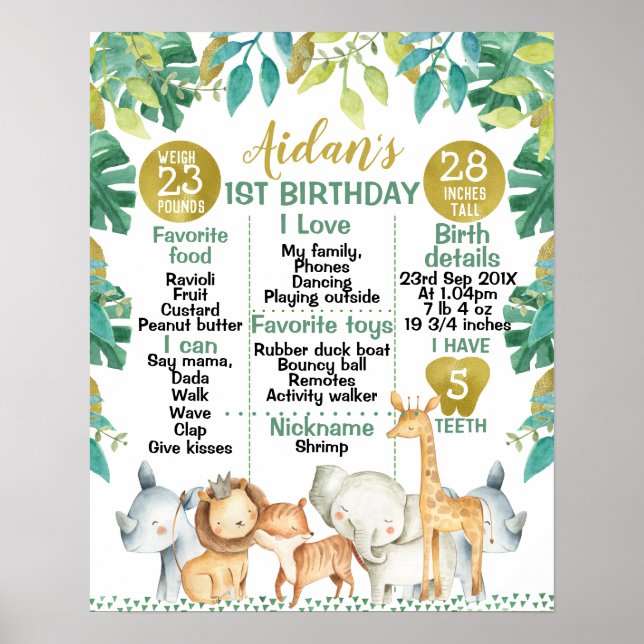 Safari Animals 1st Birthday Milestone Poster (Front)