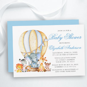Safari Animals Air Balloon Baby Shower Blue Silver Invitation