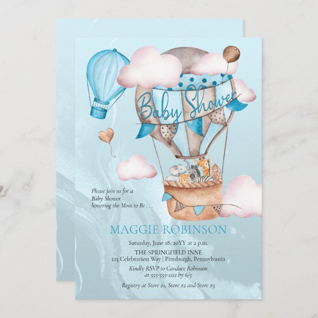 Safari Animals and Balloons Blue Boy Baby Shower Invitation (Front/Back)