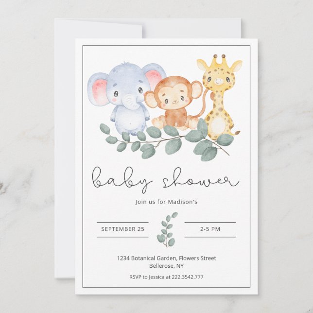 Safari Animals and Greenery Baby Shower  Invitation (Front)