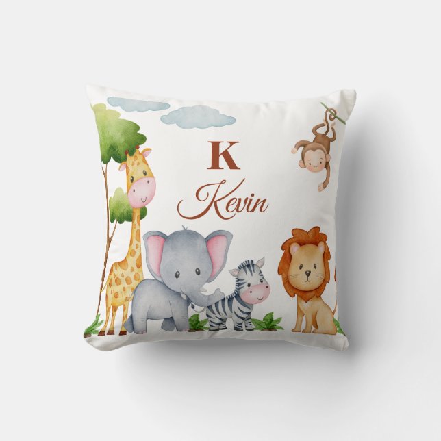 Safari Animals and Tropical Leaves Throw Pillow (Front)