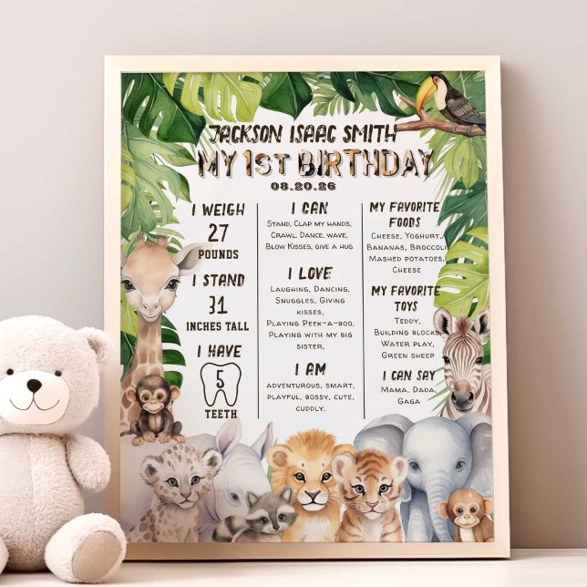 Safari Animals Baby Boy 1st Milestone Photo Print (Safari Animals boy 1st birthday milestone poster.)