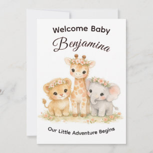 Safari Animals Baby Girl Floral Crown Shower     Invitation