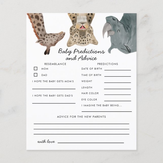 Safari Animals Baby Predictions & Advice Card (Front)