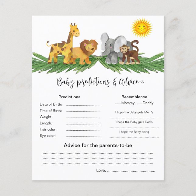 Safari Animals Baby Predictions Best Shower Game (Front)