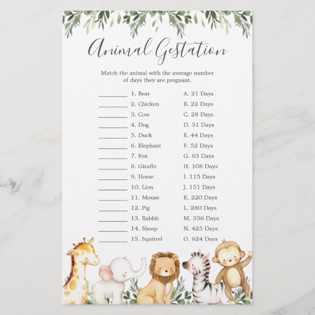 Safari Animals Baby Shower Animal Gestation Game (Front)