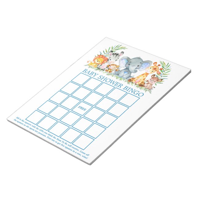 Safari Animals Baby Shower Blue Bingo Sheets Notepad (Angled)