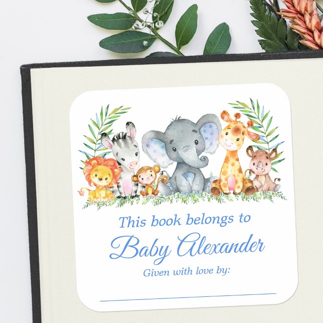 Safari Animals Baby Shower Blue Bookplate Labels (Customize to change text size, color or text style.)
