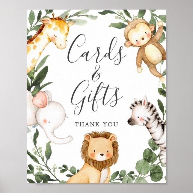 Safari Animals Baby Shower Cards and Gifts Sign (Front)