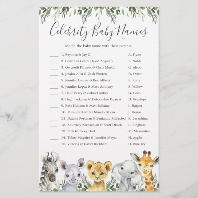 Safari Animals Baby Shower Celebrity Baby Names (Front)