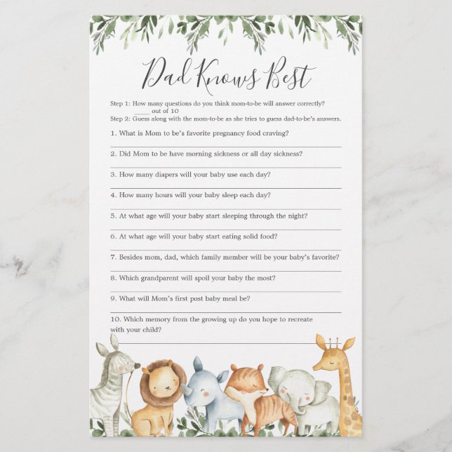 Safari Animals Baby Shower Dad Knows Best Game (Front)