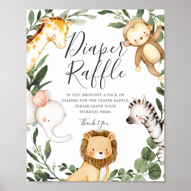 Safari Animals Baby Shower Diaper Raffle Sign (Front)