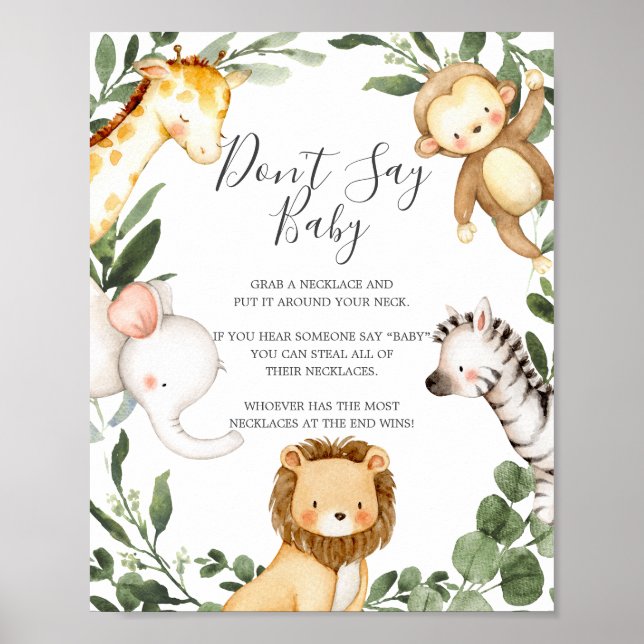 Safari Animals Baby Shower Don't Say Baby Sign (Front)