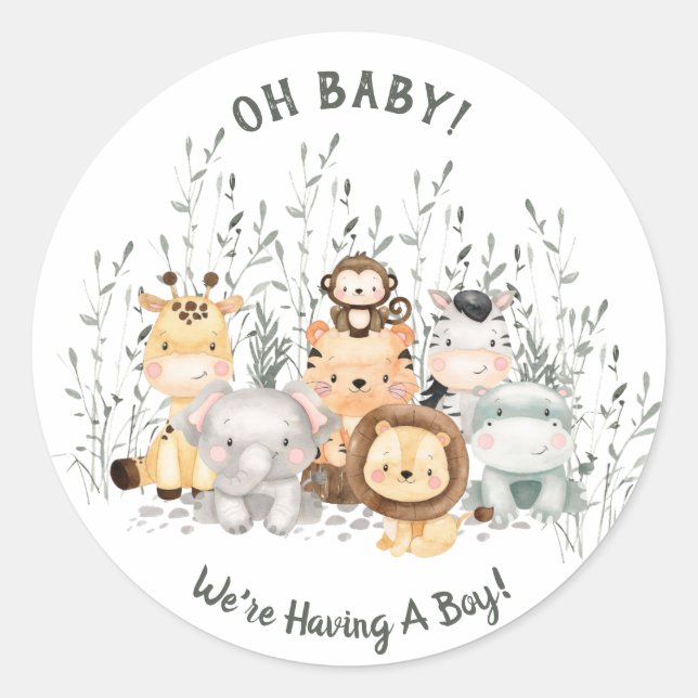 Safari Animals Baby Shower Gender Reveal Classic Round Sticker (Front)