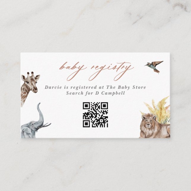 Safari Animals Baby Shower Gift Registry QR Code Enclosure Card (Front)