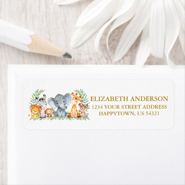 Safari Animals Baby Shower Gold Return Address (Insitu)