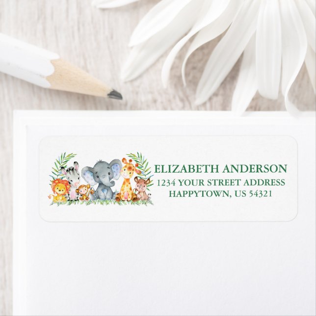 Safari Animals Baby Shower Green Return Address (Insitu)