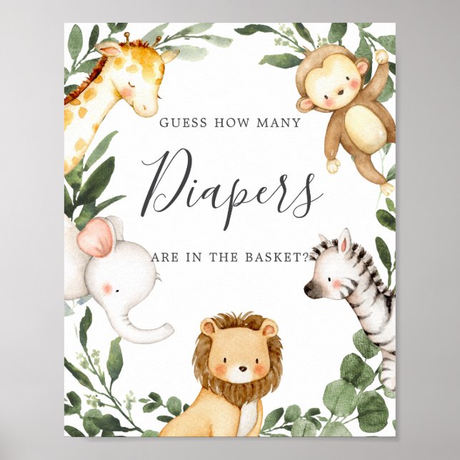 Safari Animals Baby Shower Guess How Many Diapers Poster (Front)