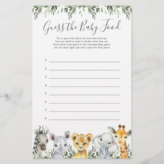 Safari Animals Baby Shower Guess The Baby Food (Front)