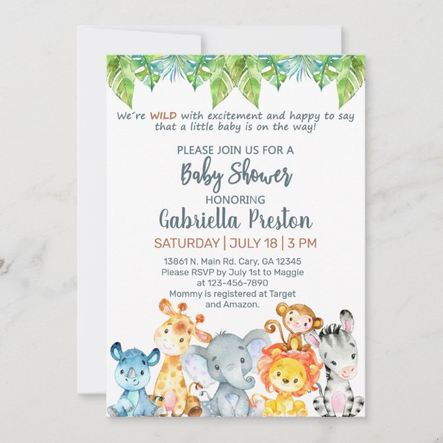 Safari animals baby shower invitation. White. Invitation (Front)