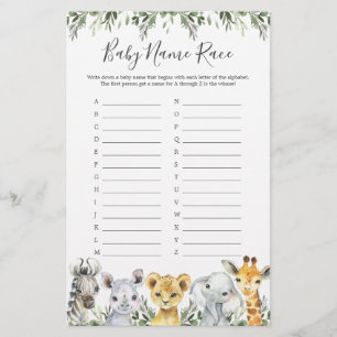 Safari Animals Baby Shower Name Race Game