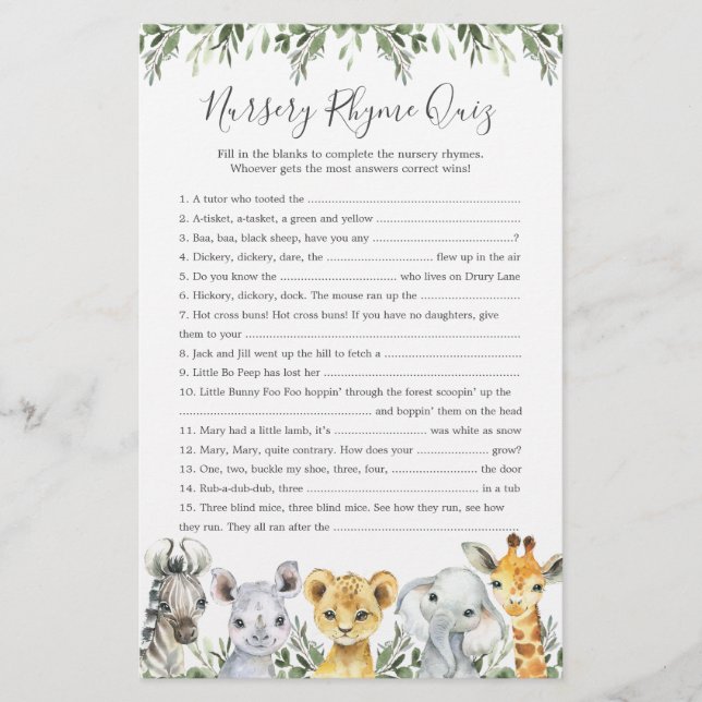 Safari Animals Baby Shower Nursery Rhyme Quiz Game (Front)