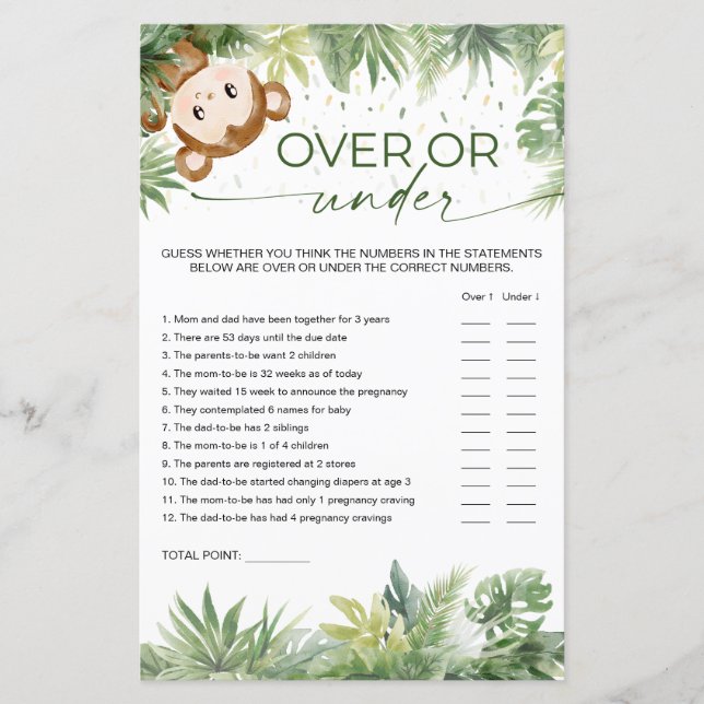 Safari Animals Baby Shower Over or Under Game (Front)